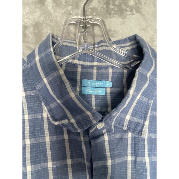 J. Mclaughlin Trim Fit Shirt Mens XL Blue Plaid Button Up Checked Linen Blend - Picture 3 of 10